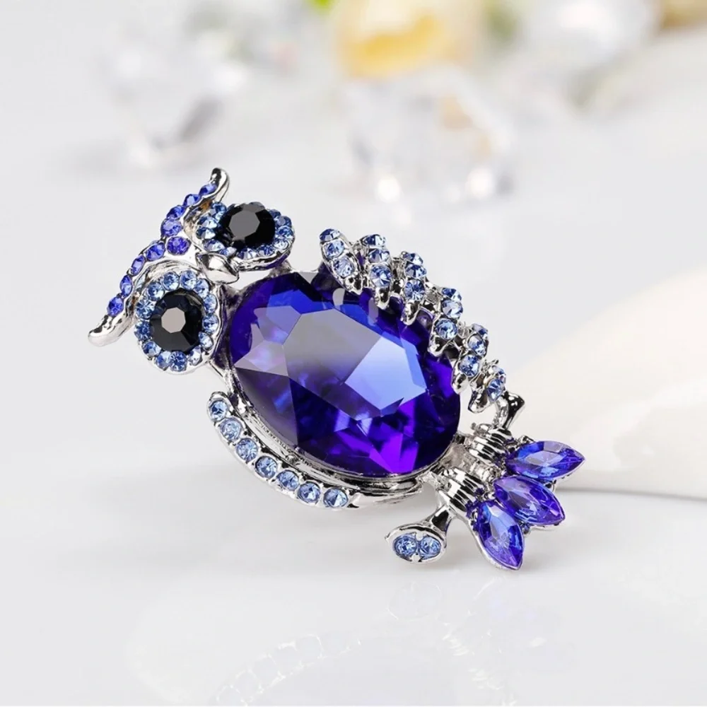 Blue Crystal Sapphire Owl Brooch Pin for Women